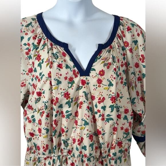Spruce and Sage Plus Size 20 Floral Print Midi Dress | Cream & Navy V-Neck - Picture 4 of 15